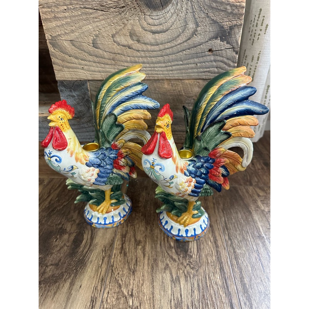 Fitz and Floyd Large Rooster Candle Holder. Vibrant Hand Painted, Candle Holder